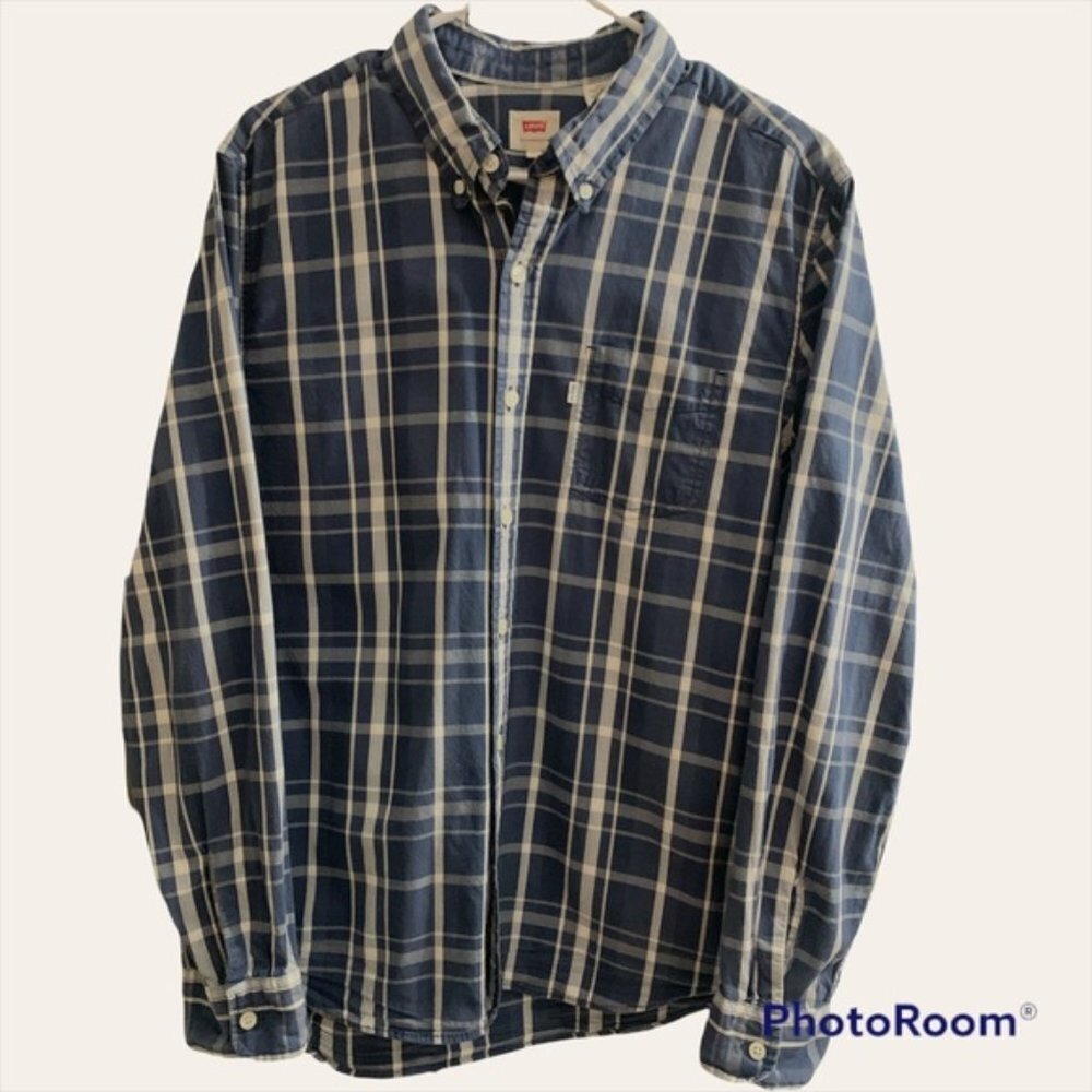 Levis Plaid Long sleeves Buttoned Polo shirt Blue and White size Large